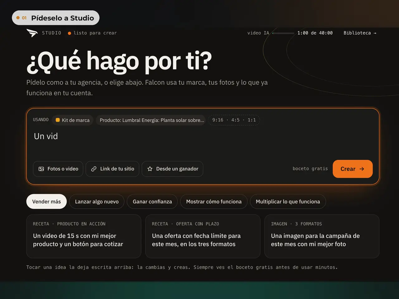 Studio recibe el pedido, entrega el video con su ficha, la campaña espera tu aprobación y la atribución muestra qué anuncio vendió.