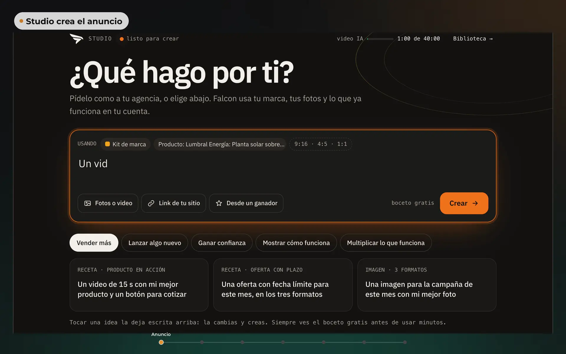 Falcon en una toma: Studio entrega un anuncio, la campaña espera aprobación, llega una lead por WhatsApp, la IA la califica, el negocio entra al pipeline, la atribución muestra qué anuncio vendió y el soporte responde con el centro de ayuda.